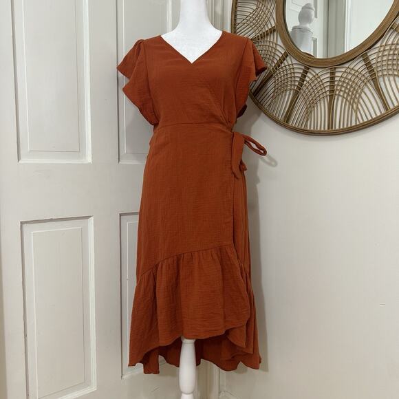 Drew Ruffle Tiered V-neck Gauze Midi‎ Boho Wrap Dress Rust Orange Size XS NEW - Picture 1 of 4